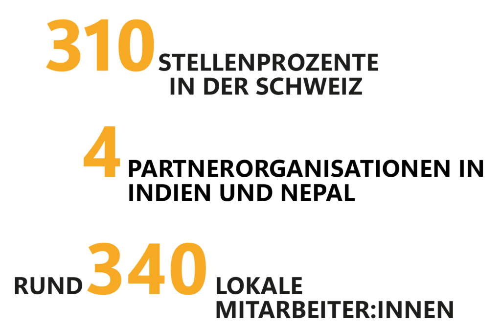 310 Stellenprozente in der Schweiz, 4 Partnerorganisationen, rund 340 lokale Mitarbeitende
